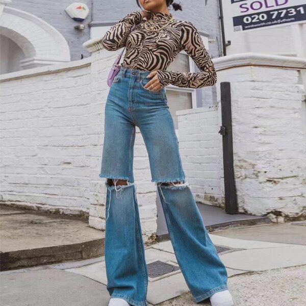 Summer New Fashion Ripped Loose Flared Jeans For Women Street Hipster Casual Denim Straight Pants - Image 3
