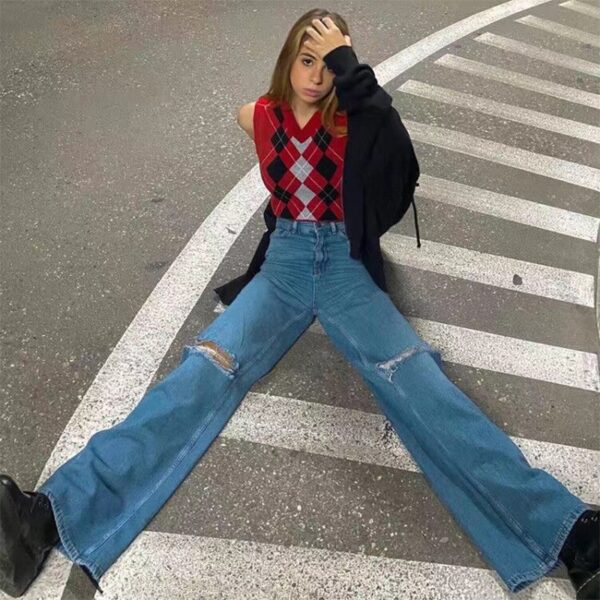 Summer New Fashion Ripped Loose Flared Jeans For Women Street Hipster Casual Denim Straight Pants - Image 2