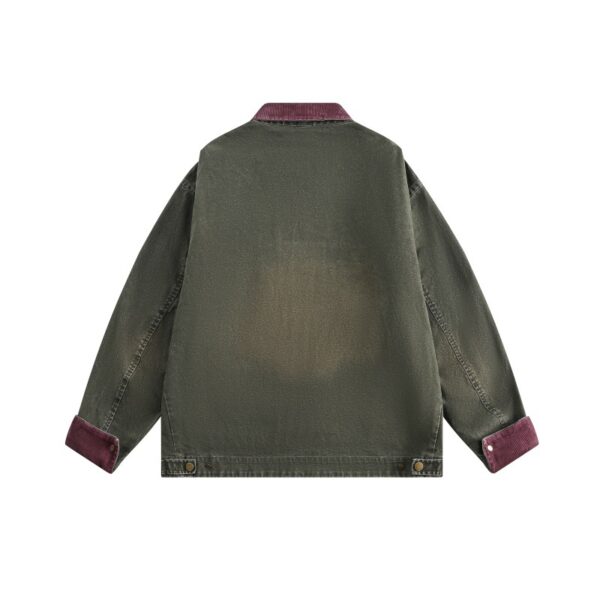Faded Color Block Corduroy Collar Work Jacket Zipper Outerwear Men - Image 2