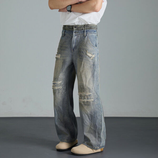 Vintage niche ripped straight leg washed denim jeans for men and women - Image 3