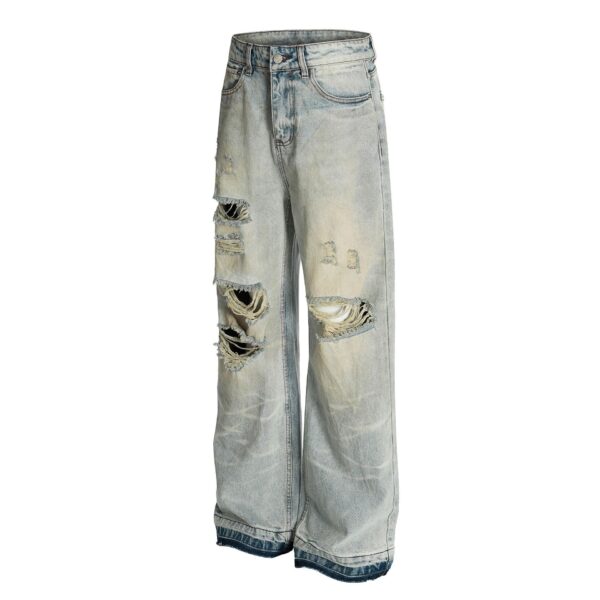 Vintage washed ripped denim straight leg personalized cleanfit pants - Image 2