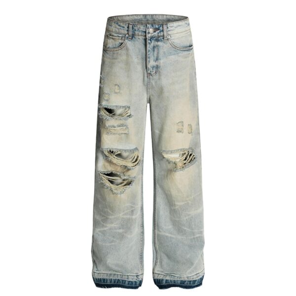 Vintage washed ripped denim straight leg personalized cleanfit pants - Image 6