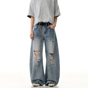Vintage ripped denim straight leg casual slightly flared knife pants