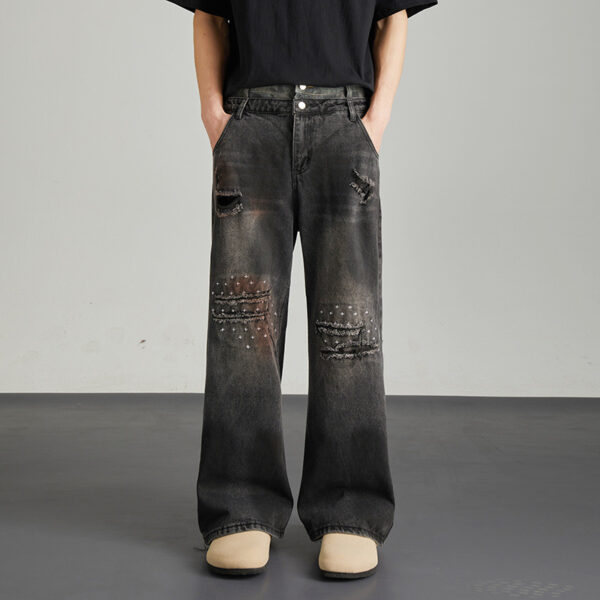 Vintage niche ripped straight leg washed denim jeans for men and women - Image 2