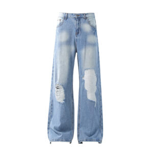 Retro washed light blue ripped jeans for men and women in summer