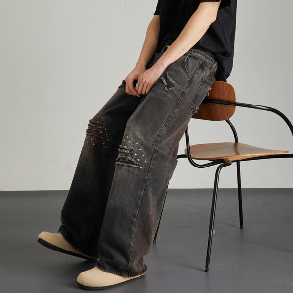 Vintage niche ripped straight leg washed denim jeans for men and women - Image 5