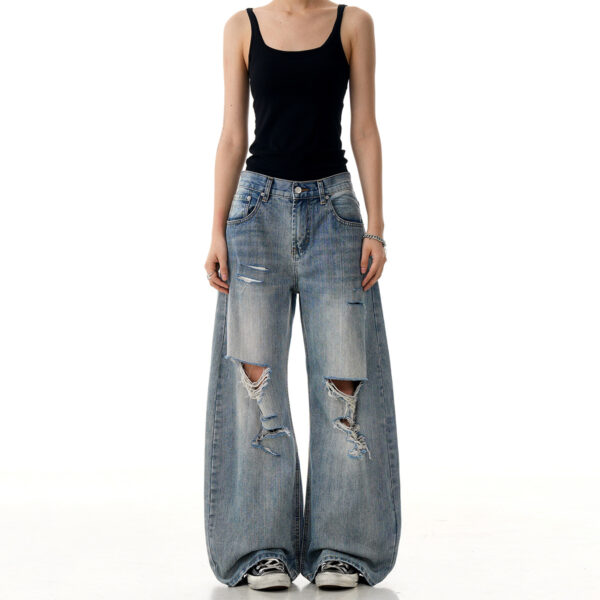 Vintage ripped denim straight leg casual slightly flared knife pants - Image 2