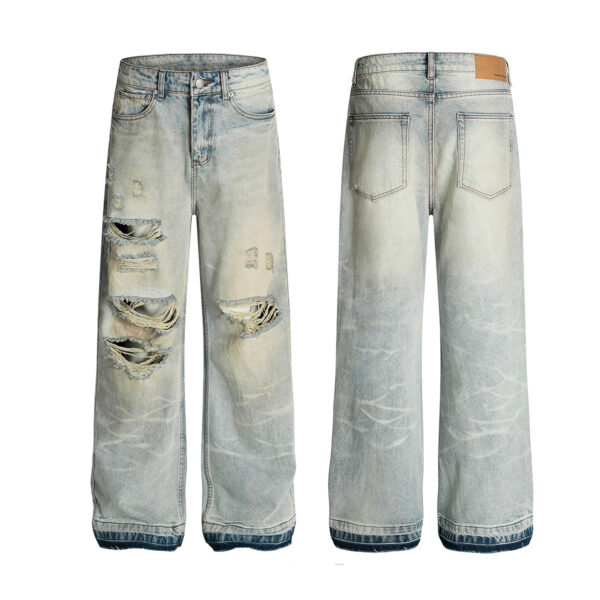 Vintage washed ripped denim straight leg personalized cleanfit pants - Image 5
