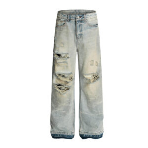Vintage washed ripped denim straight leg personalized cleanfit pants