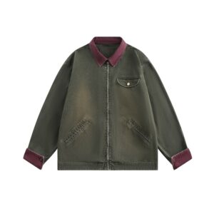 Faded Color Block Corduroy Collar Work Jacket Zipper Outerwear Men