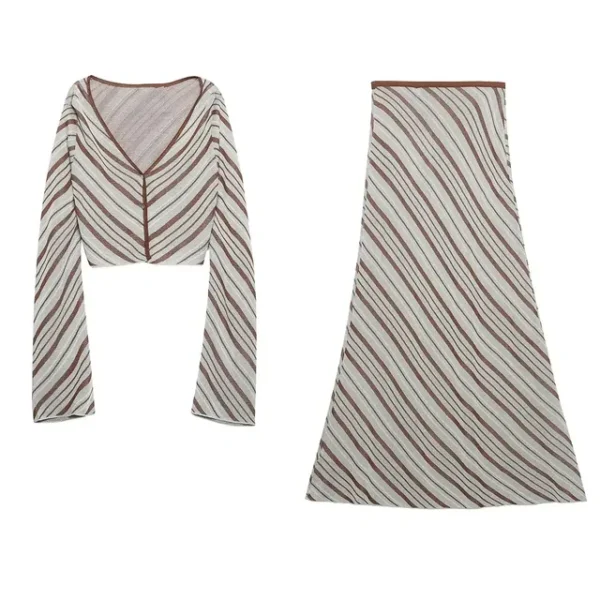 Woman Vintage Striped High Waist Long Skirts Women Elegant Chic V-Neck Long Sleeves Buttons Cardigan Tops - Image 4