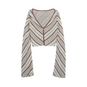 Woman Vintage Striped High Waist Long Skirts Women Elegant Chic V-Neck Long Sleeves Buttons Cardigan Tops