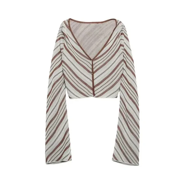 Woman Vintage Striped High Waist Long Skirts Women Elegant Chic V-Neck Long Sleeves Buttons Cardigan Tops