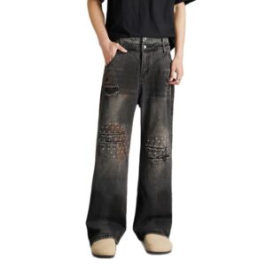 Vintage niche ripped straight leg washed denim jeans for men and women