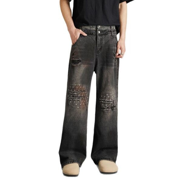 Vintage niche ripped straight leg washed denim jeans for men and women
