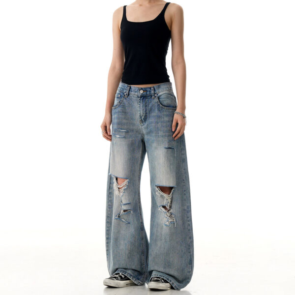Vintage ripped denim straight leg casual slightly flared knife pants - Image 5