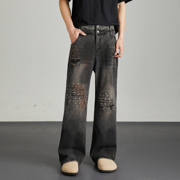 Vintage niche ripped straight leg washed denim jeans for men and women - Image 6