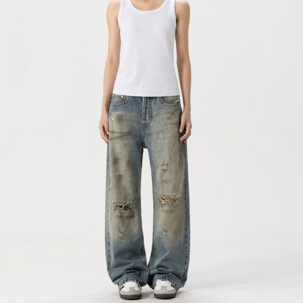 Ripped denim dirty dyed vintage distressed pants - Image 2