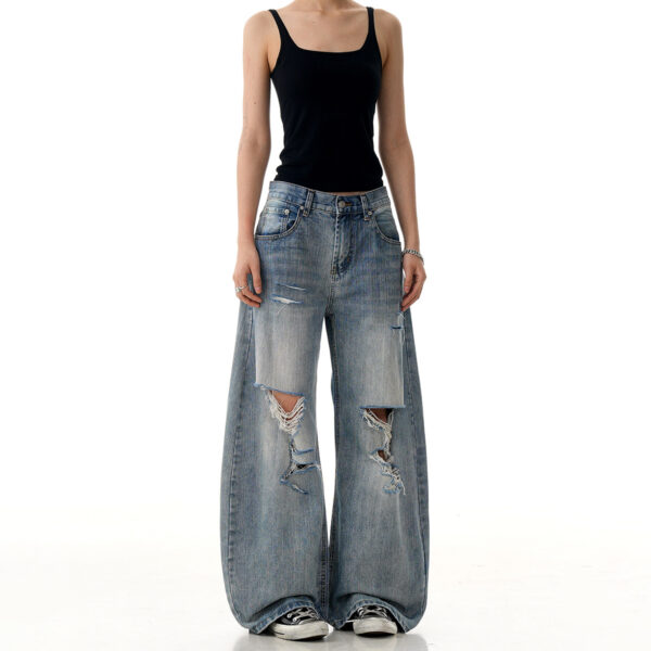 Vintage ripped denim straight leg casual slightly flared knife pants - Image 3