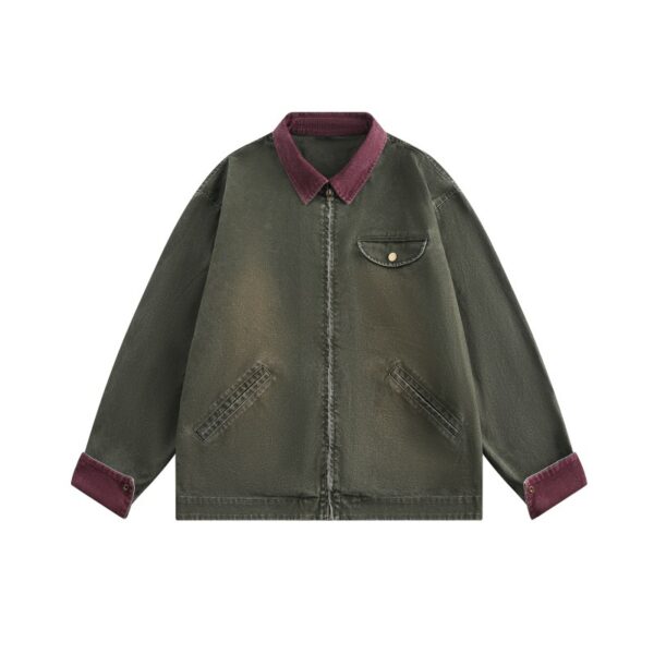 Faded Color Block Corduroy Collar Work Jacket Zipper Outerwear Men - Image 5