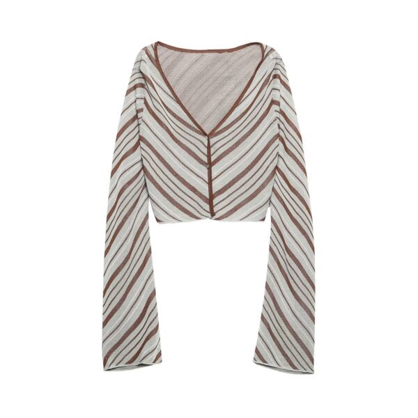 Woman Vintage Striped High Waist Long Skirts Women Elegant Chic V-Neck Long Sleeves Buttons Cardigan Tops - Image 2